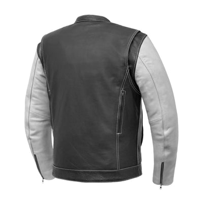 First Manufacturing Vincent - Men's Cafe Style Leather Jacket, Black/White