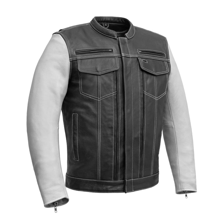 First Manufacturing Vincent - Men's Cafe Style Leather Jacket, Black/White