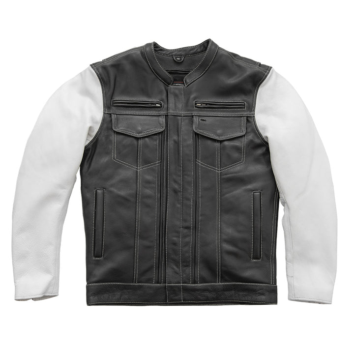 First Manufacturing Vincent - Men's Cafe Style Leather Jacket, Black/White