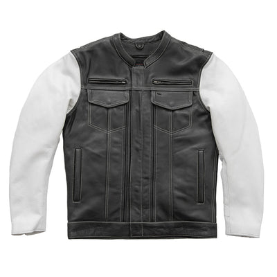 First Manufacturing Vincent - Men's Cafe Style Leather Jacket, Black/White