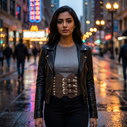 Triple Buckle Studded Corset Belt — moto view