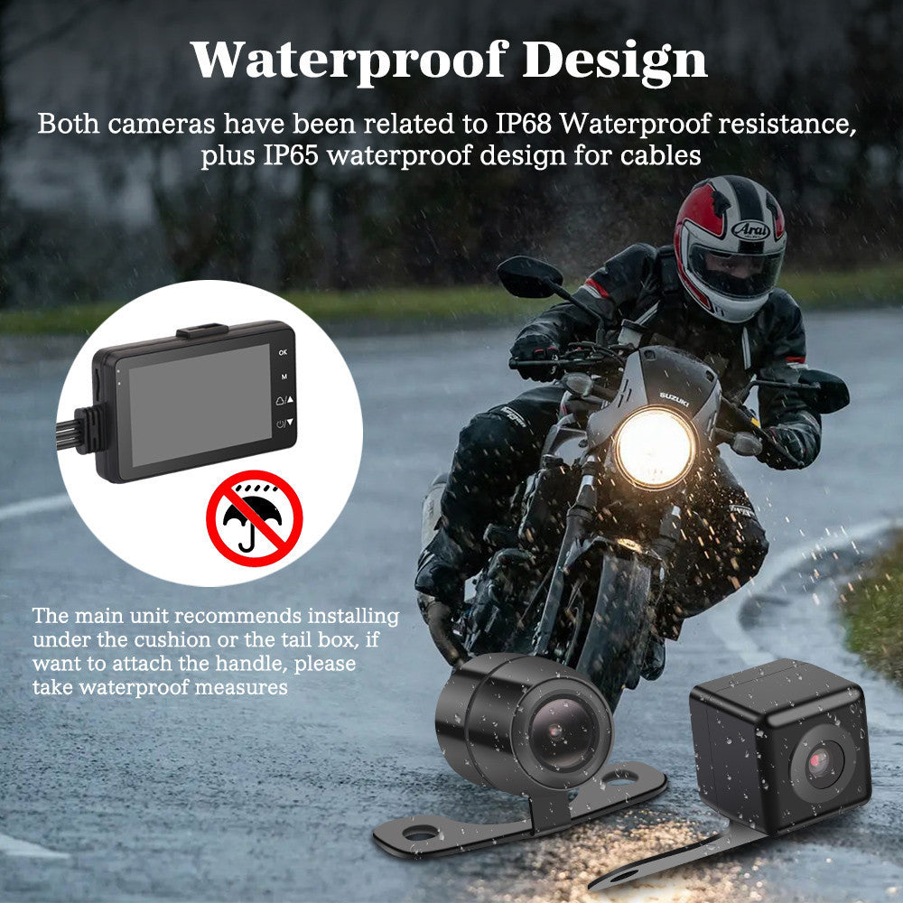 Motorcycle Black Dual Lens Dash Cam Video Recorder 3.6 Inch HD 1080P + Free sd card