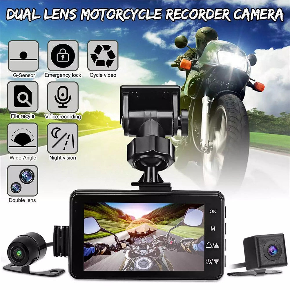 Motorcycle Black Dual Lens Dash Cam Video Recorder 3.6 Inch HD 1080P + Free sd card