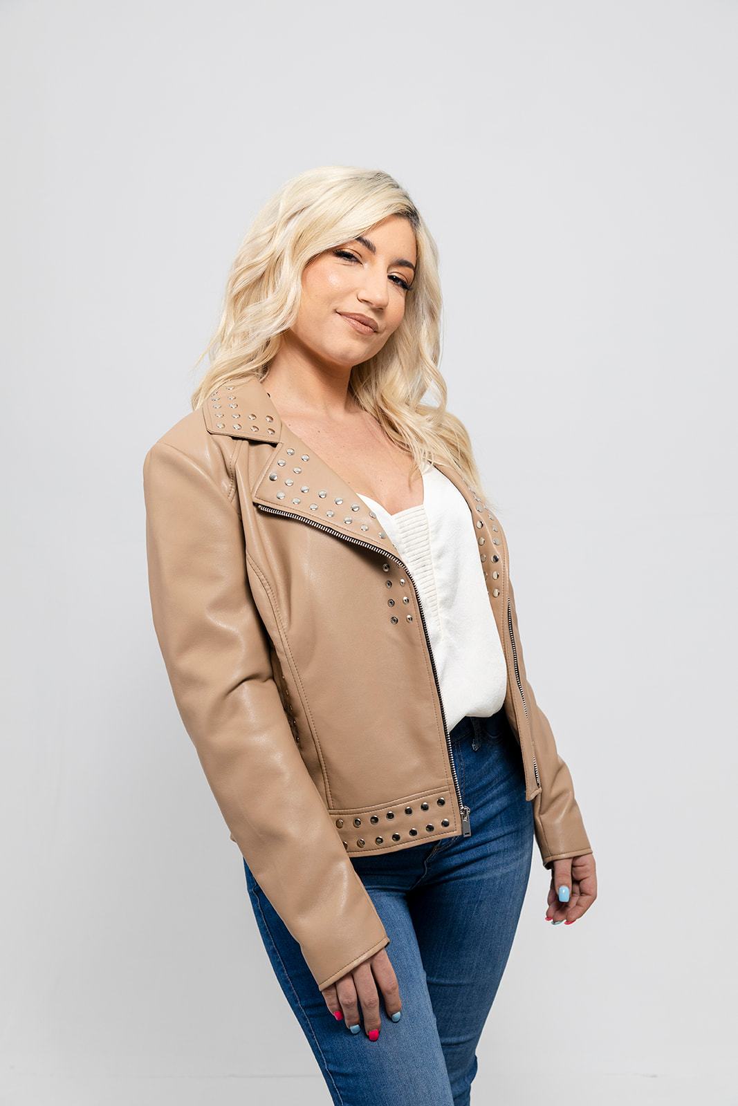Sandy Women's Vegan Faux Leather Jacket (Beige) Women's Fashion Leather Jacket FMCo Beige XS 