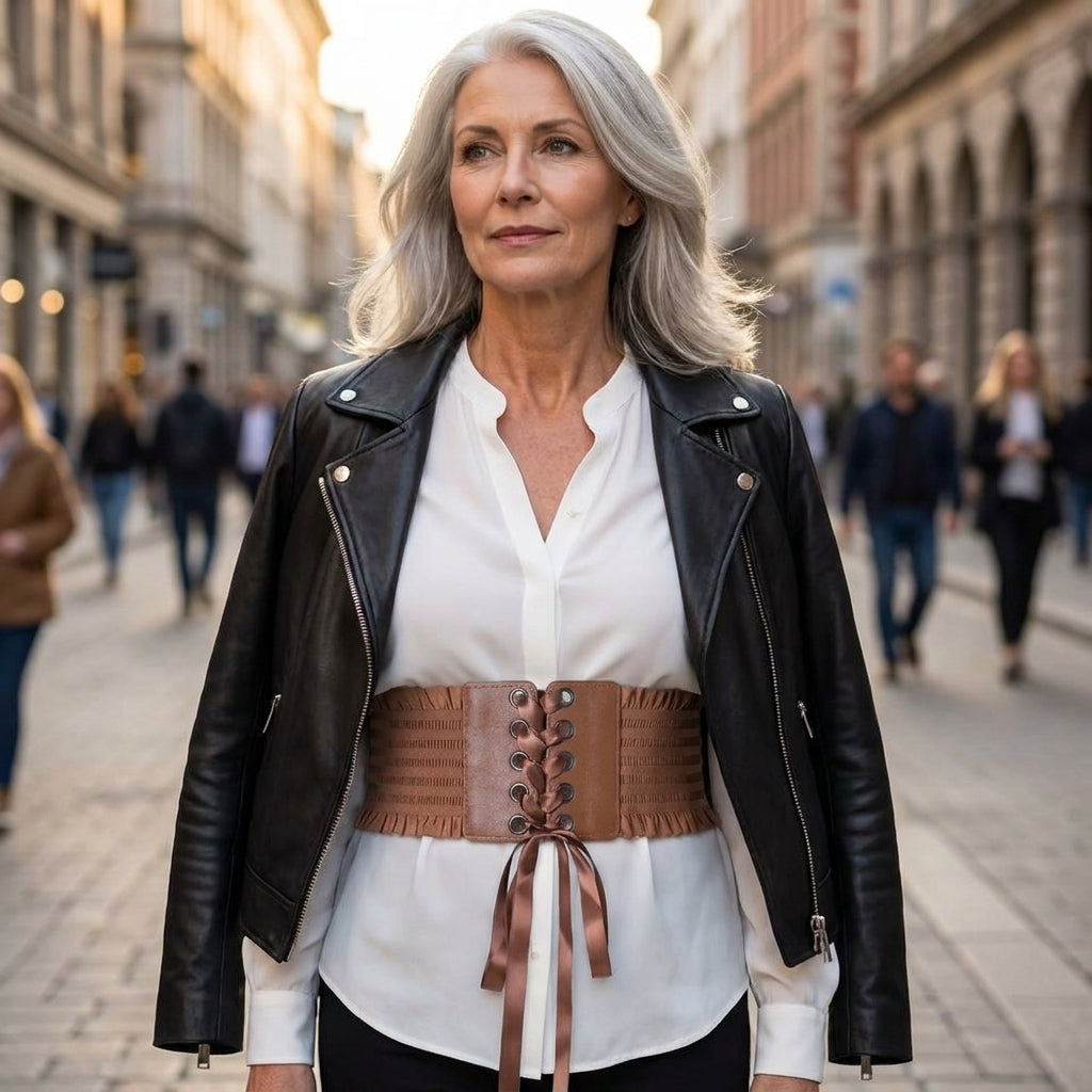 Brown lace up corset belt worn over a white blouse with a leather jacket