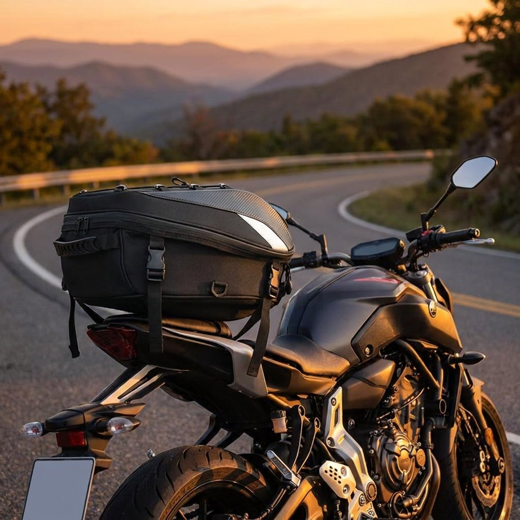 ALR tail bag strapped to the rear seat of a motorcycle