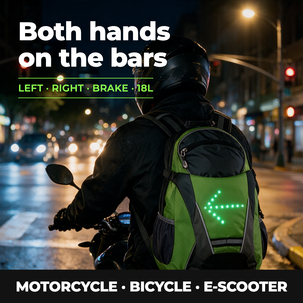 LED turn signal backpack, both hands on the bars