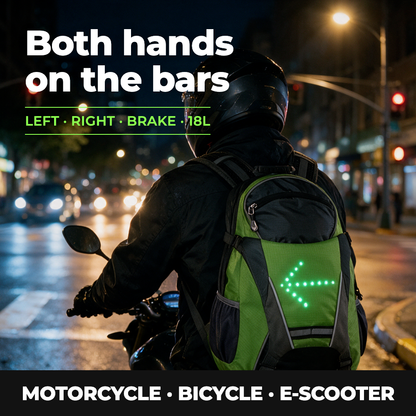 LED turn signal backpack, both hands on the bars