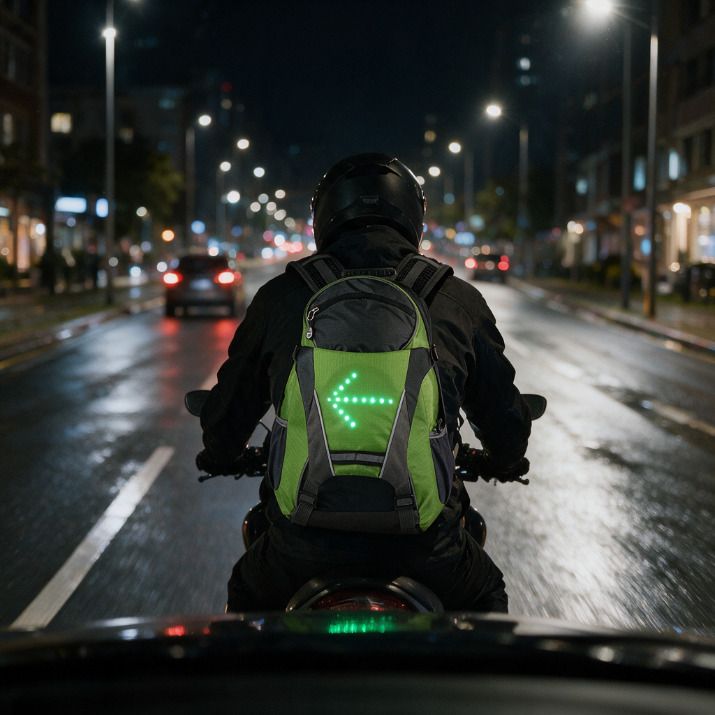 Motorcyclist at night, arrow lit, seen from the car behind