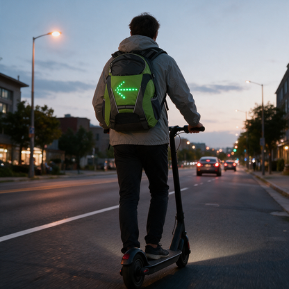 E-scooter rider signalling right, both hands on the grips