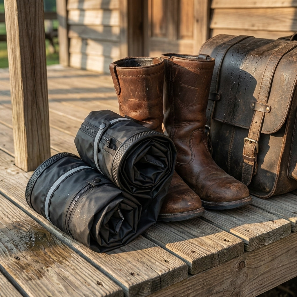 Waterproof boot covers rolled up next to riding boots and a saddlebag