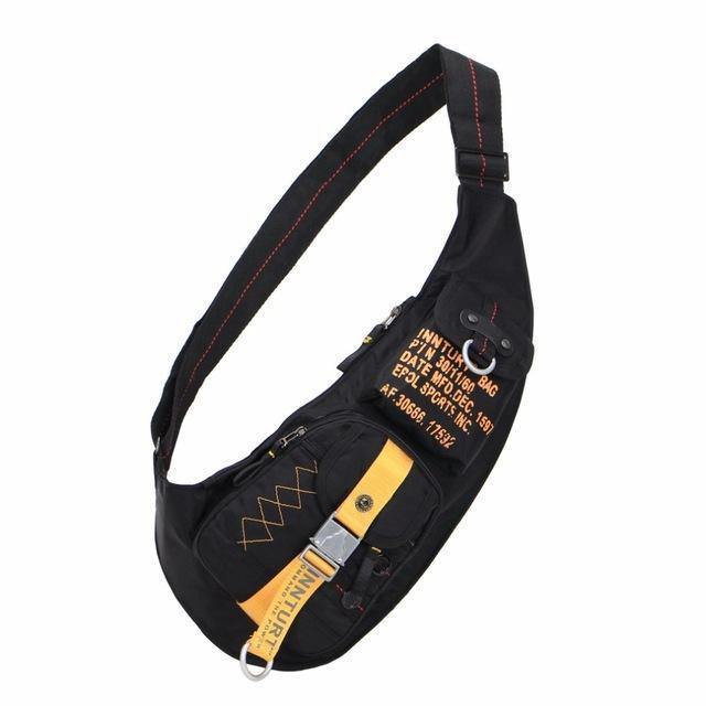 Black waterproof sling chest bag, angle view