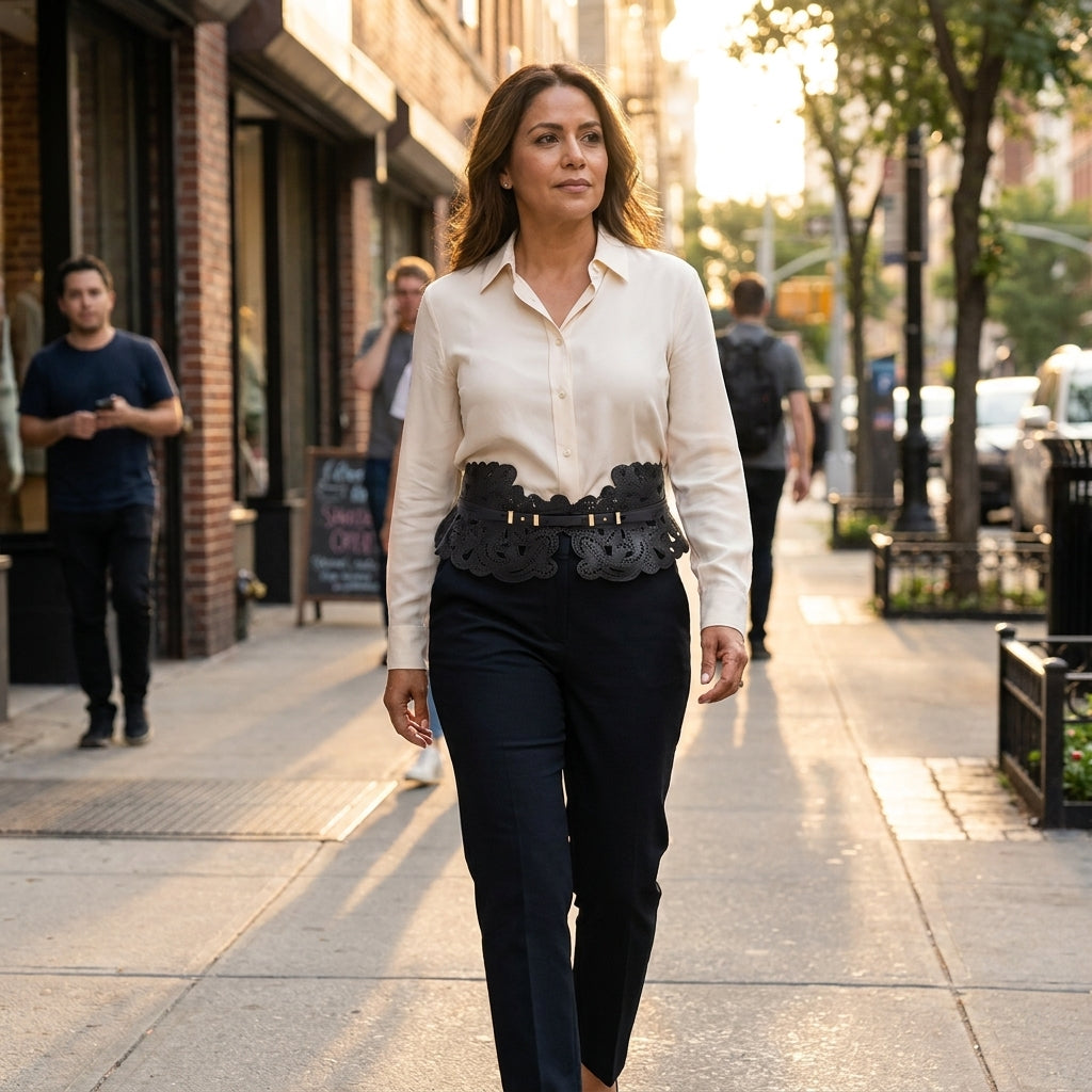 The black leather corset belt worn over a shirt and tailored trousers