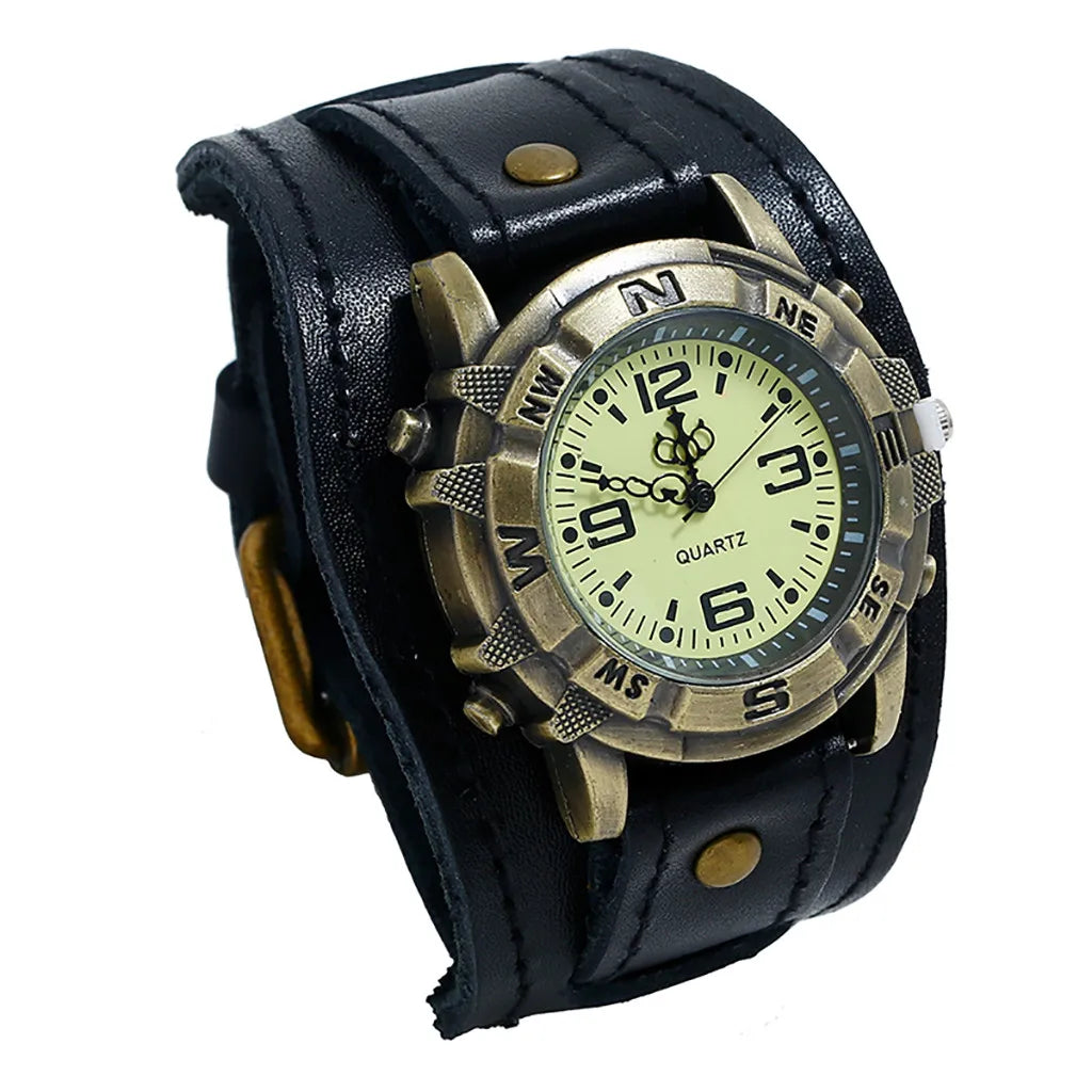 Cream dial and brass case detail on the punk retro leather watch