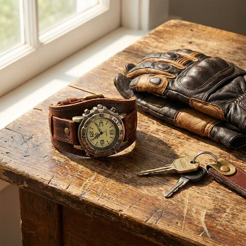 Leather cuff watch on a wooden table beside riding gloves and keys