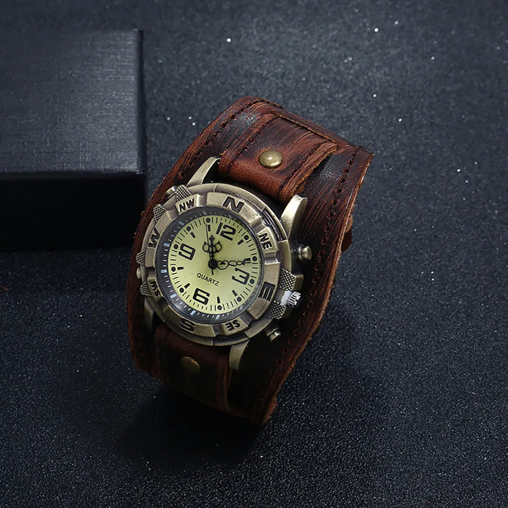 Wide leather cuff strap with rivets and pin buckle