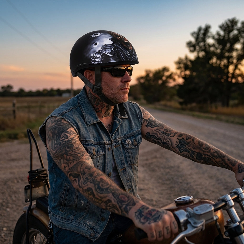 Rider wearing the Daytona airbrushed skull cap helmet on a bobber