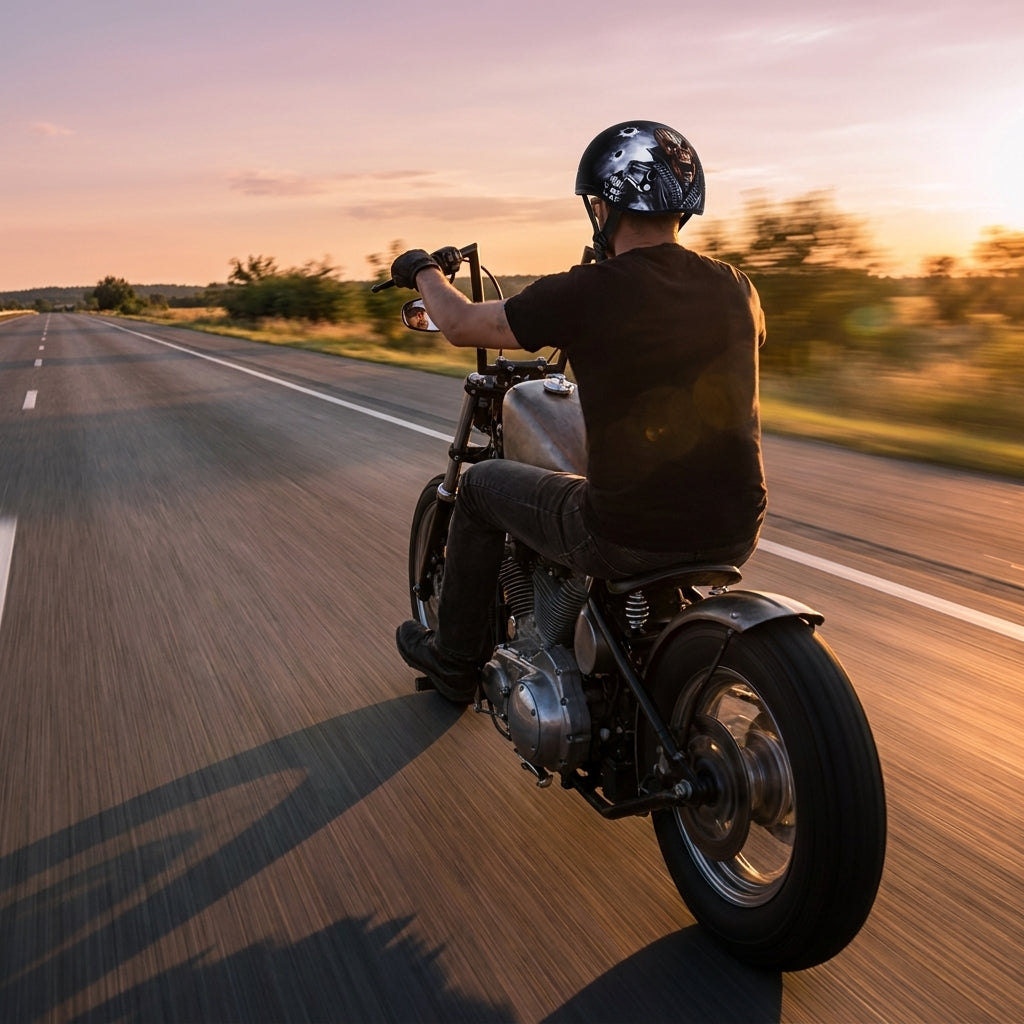 Rider wearing the Daytona skull cap helmet on an open highway