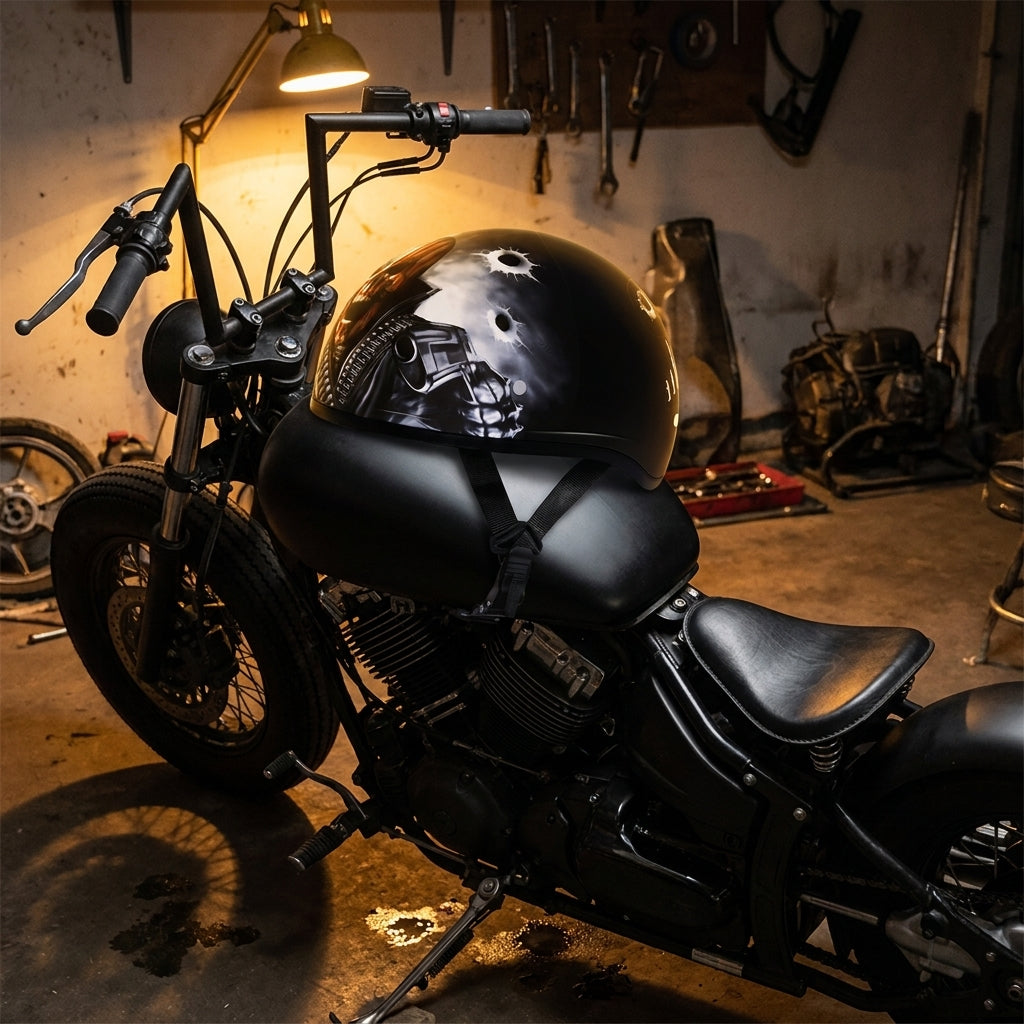 Daytona skull cap helmet resting on the tank of a bobber