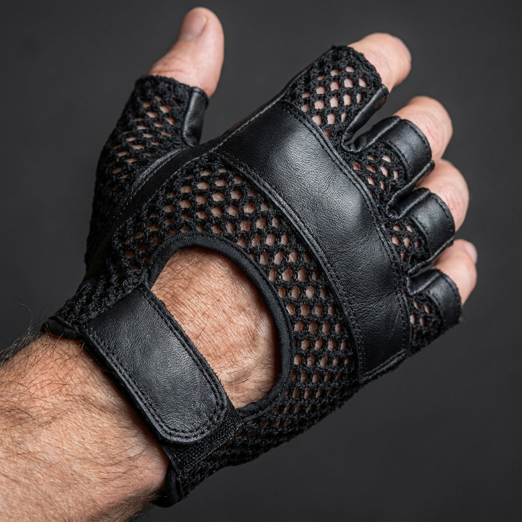 Close-up of breathable mesh back on leather fingerless motorcycle glove