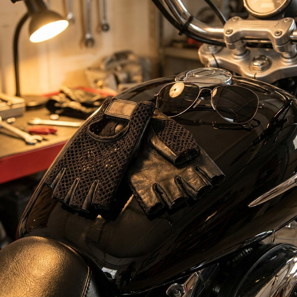 Leather mesh fingerless gloves resting on a motorcycle fuel tank
