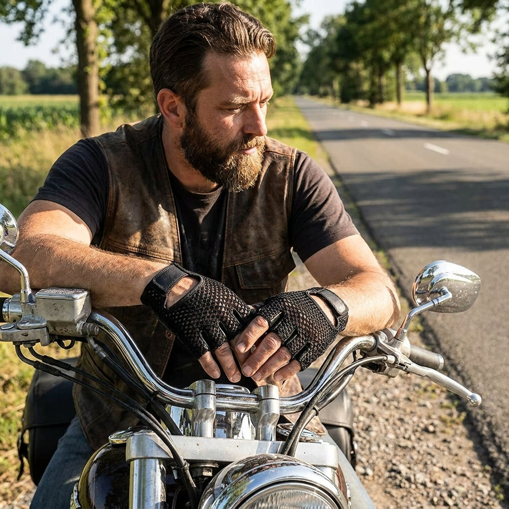 Bearded rider wearing mesh back fingerless gloves on a cruiser