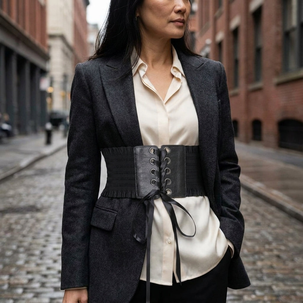 Black lace up corset belt worn over a silk blouse and tailored blazer