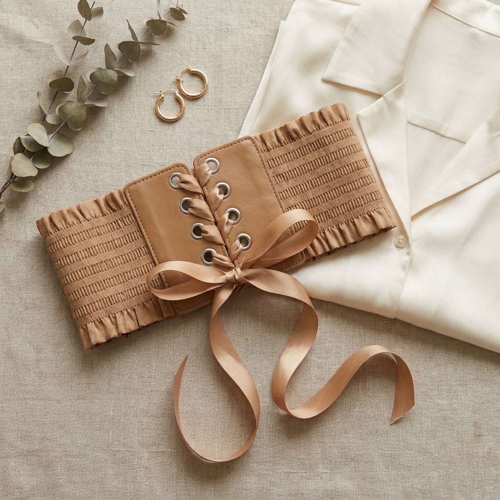 Tan lace up corset belt styled flat with a silk blouse and gold earrings