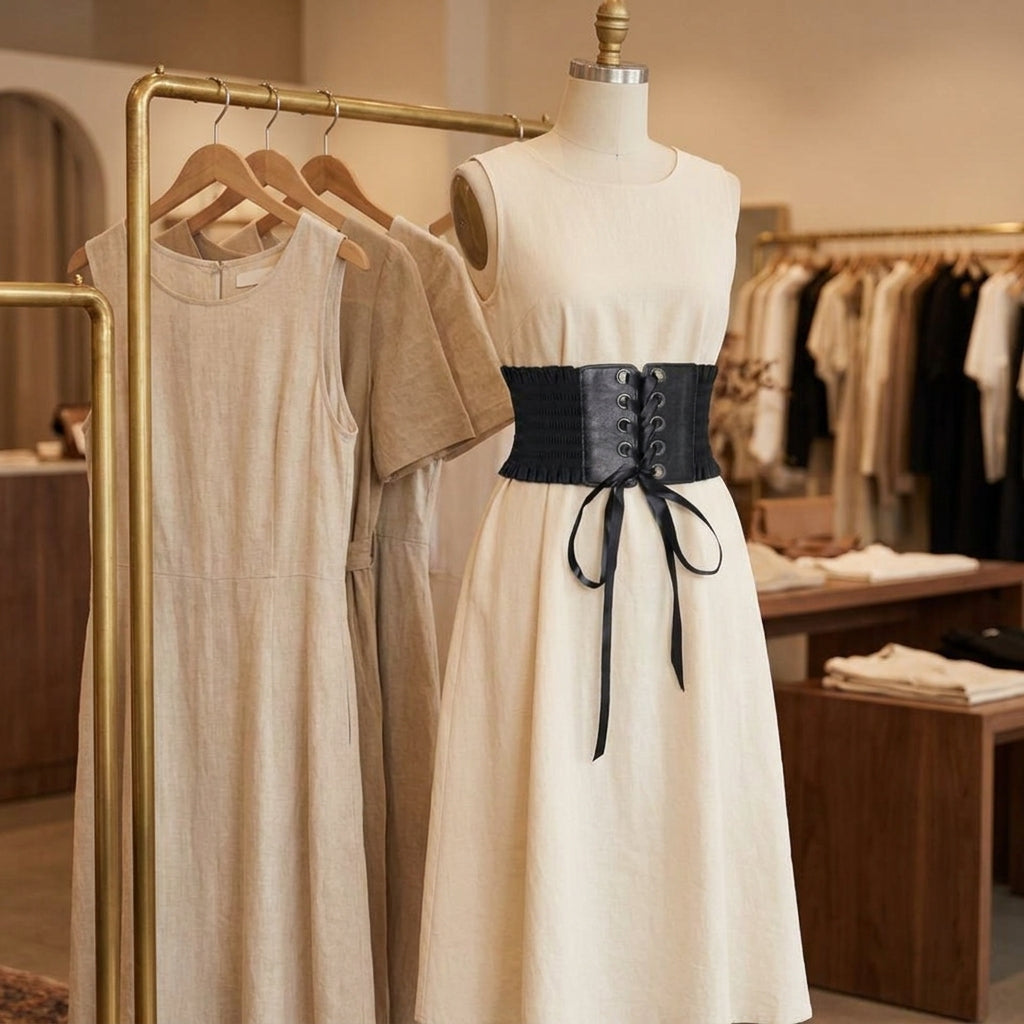 Black lace up corset belt hanging on a boutique rail beside dresses