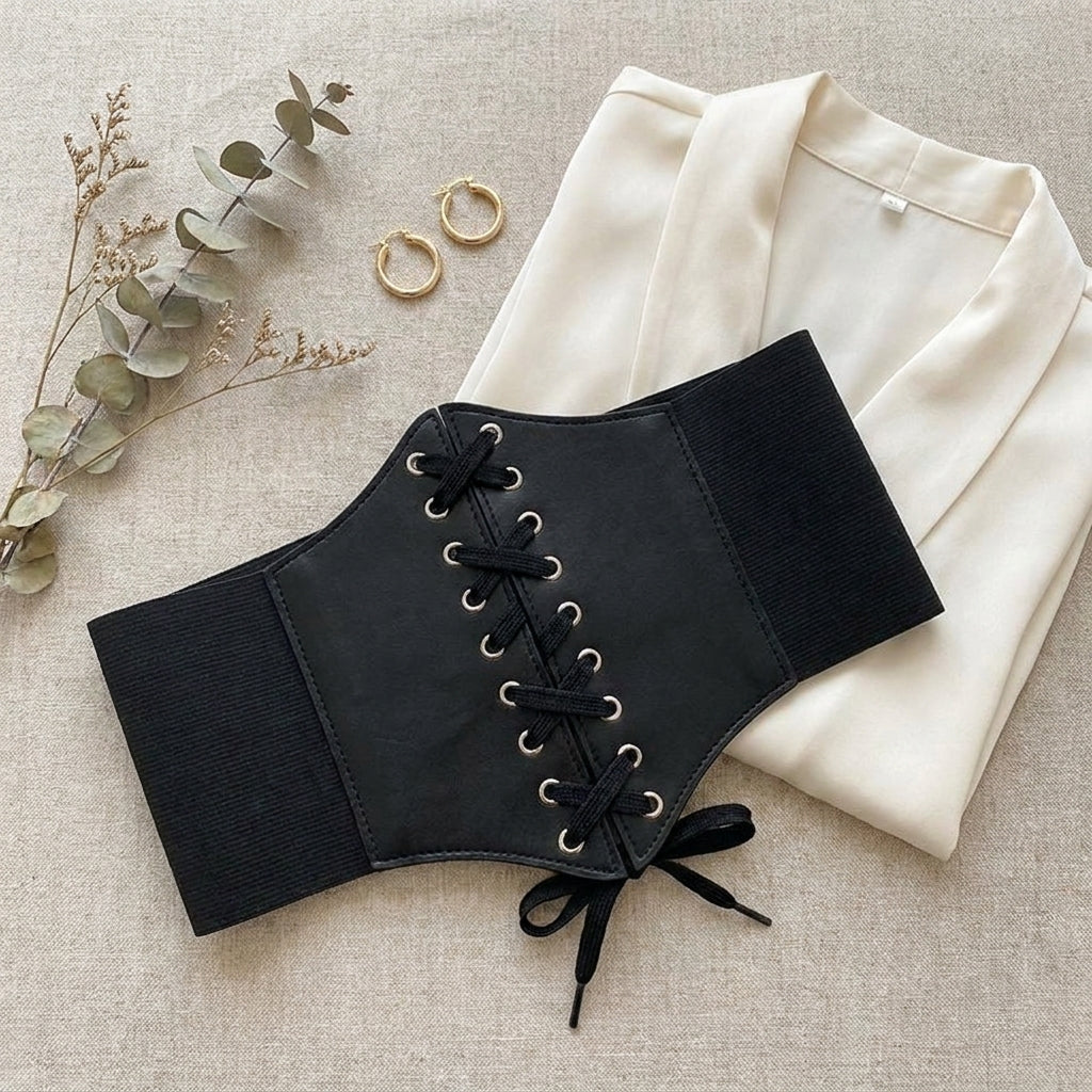 Lace Up Corset Belt — flatlay
