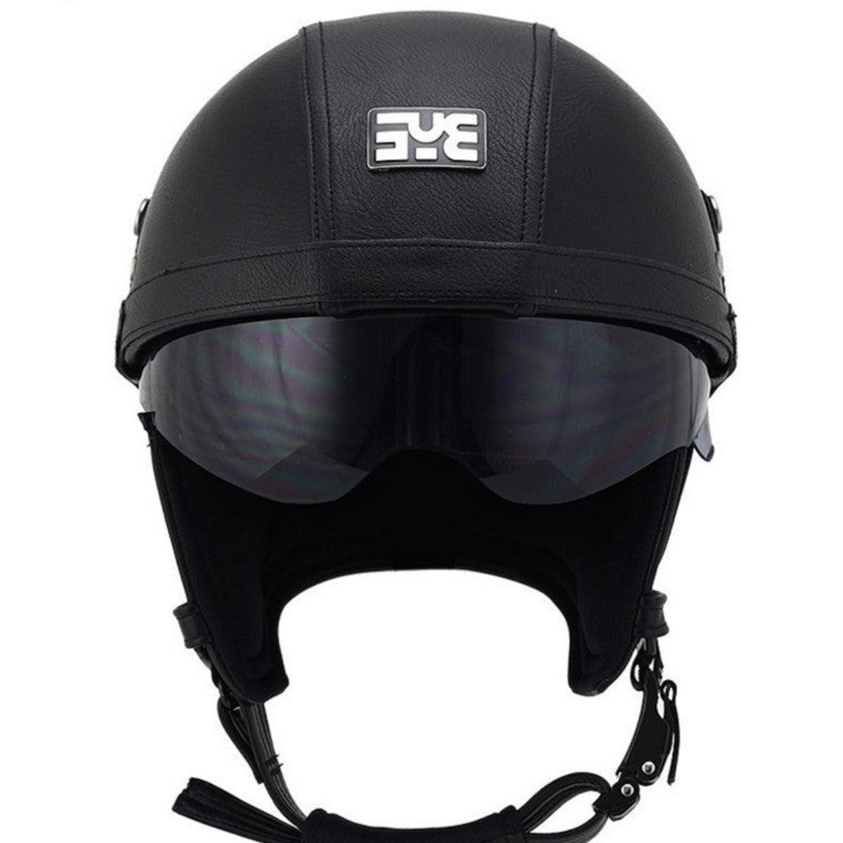 Black leather German motorcycle helmet