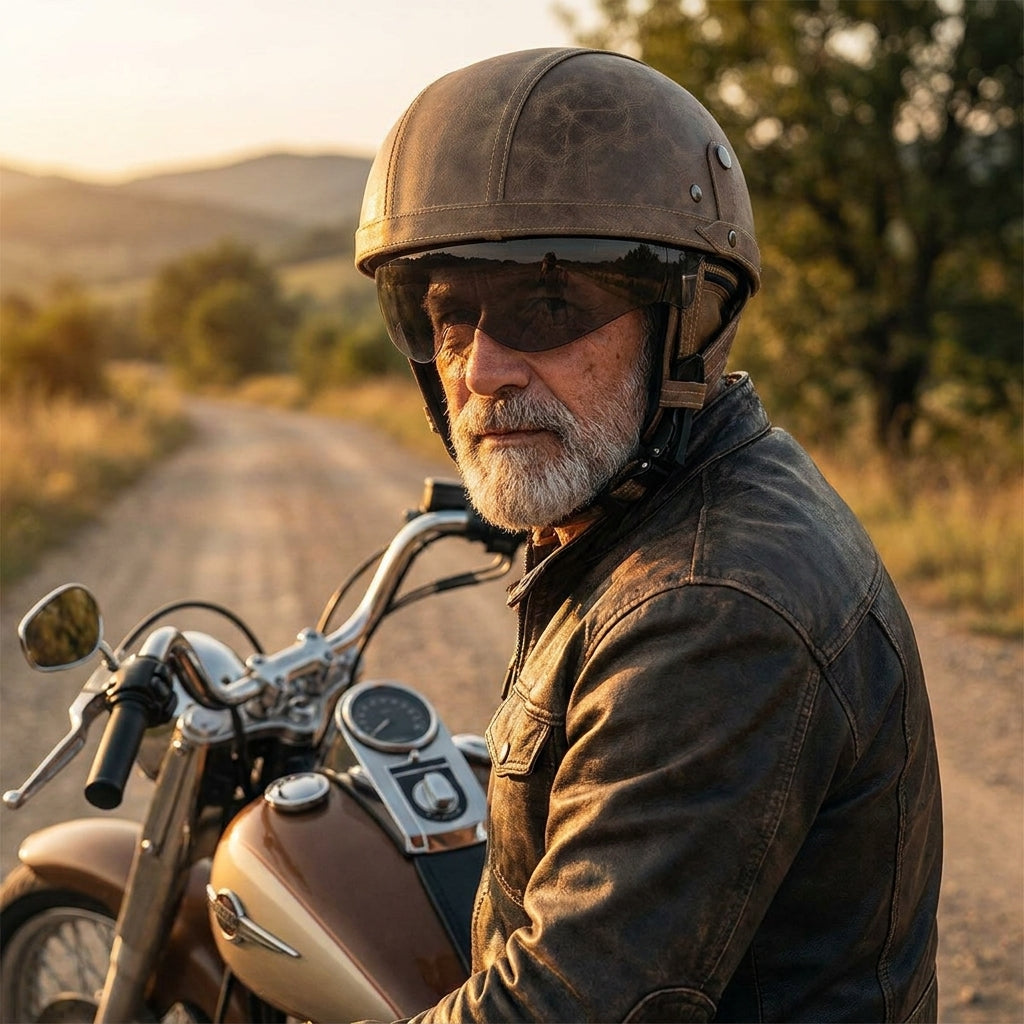 Rider wearing the handmade brown leather German helmet on a cruiser