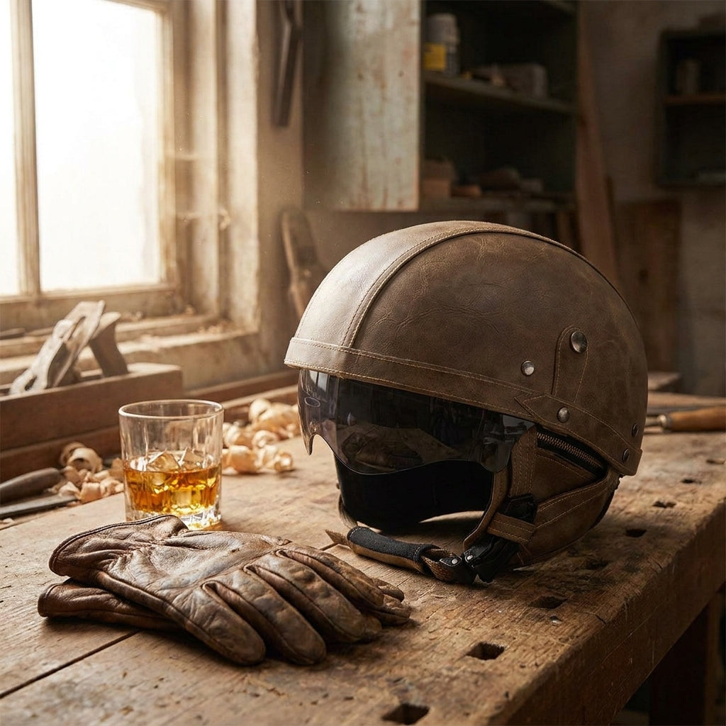 Handmade leather German helmet on a bench beside riding gloves