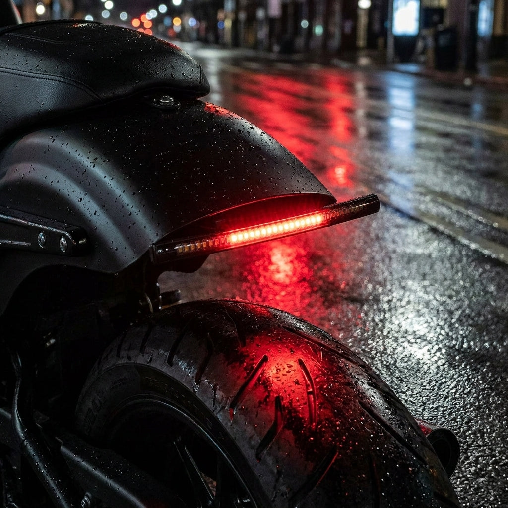 Motorcycle LED light bar lit red under a rear fender at night