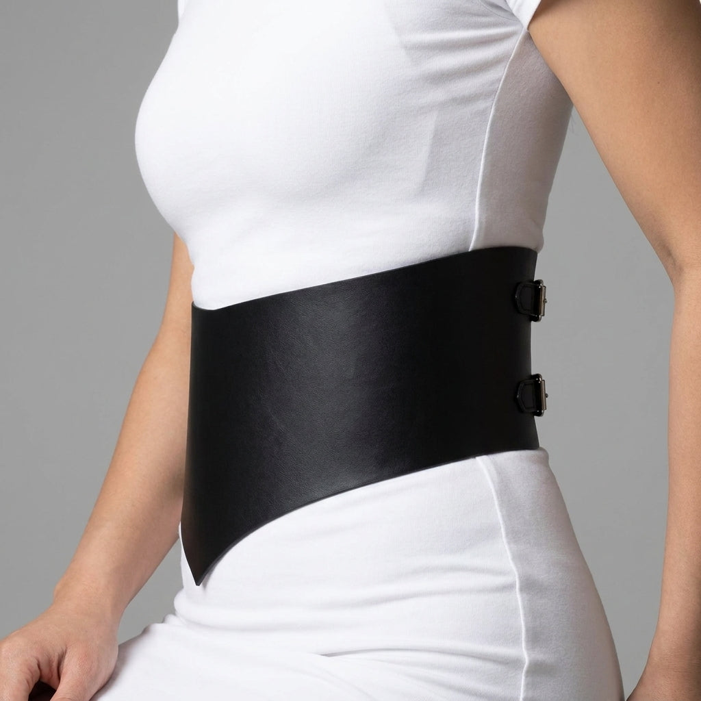 Side profile showing the pointed V front hem of the wide corset waist belt
