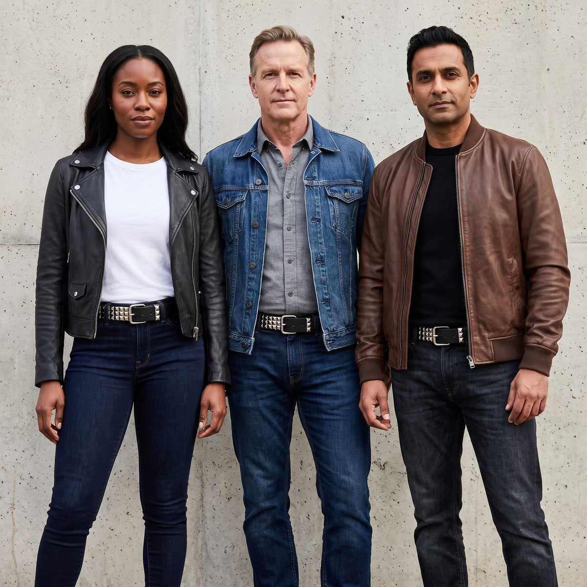 Three riders each wearing the pyramid studded belt with denim and leather