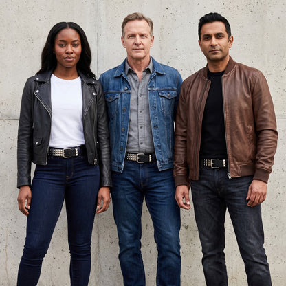 Three riders each wearing the pyramid studded belt with denim and leather