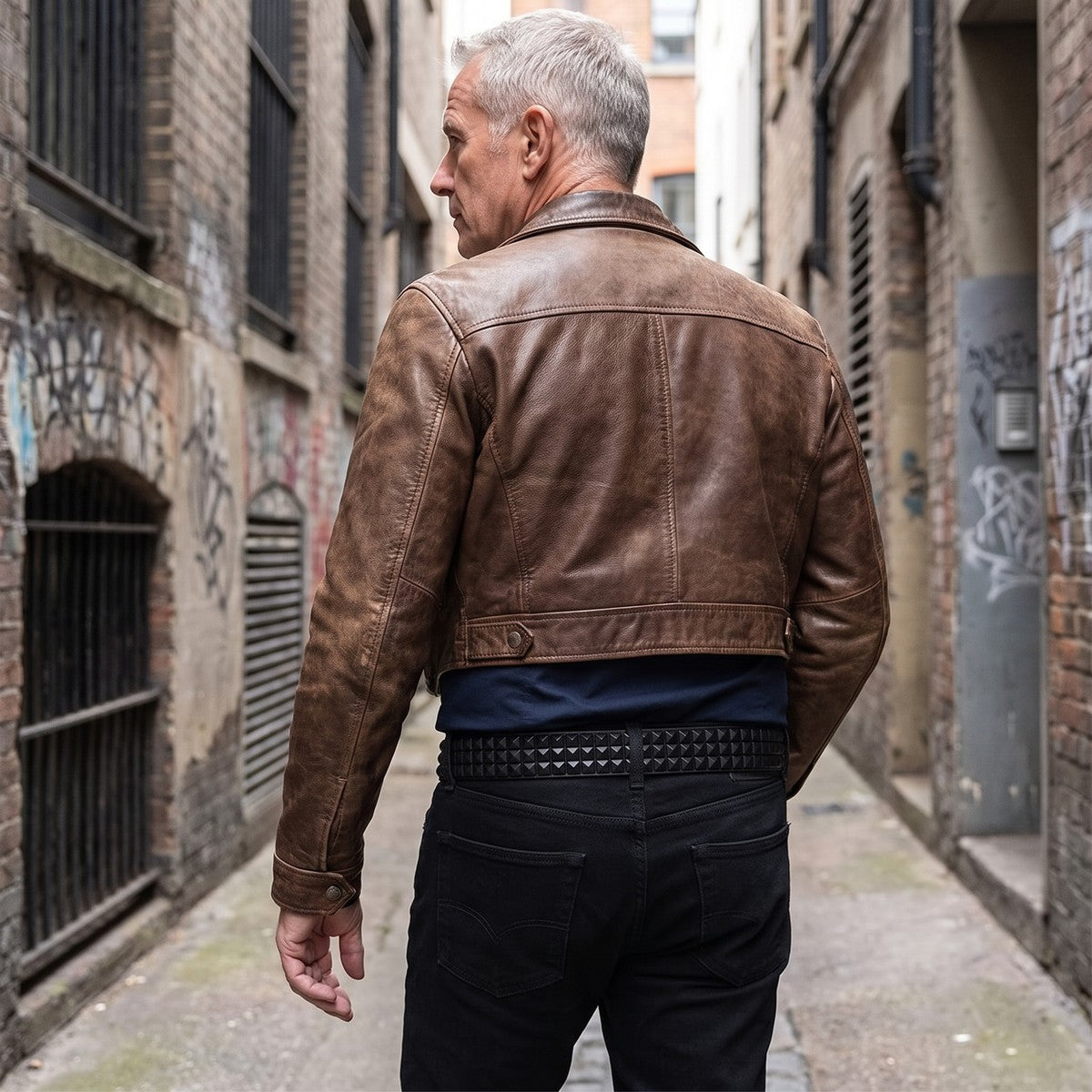 Rear view of the pyramid studded belt worn with a brown leather jacket and black jeans