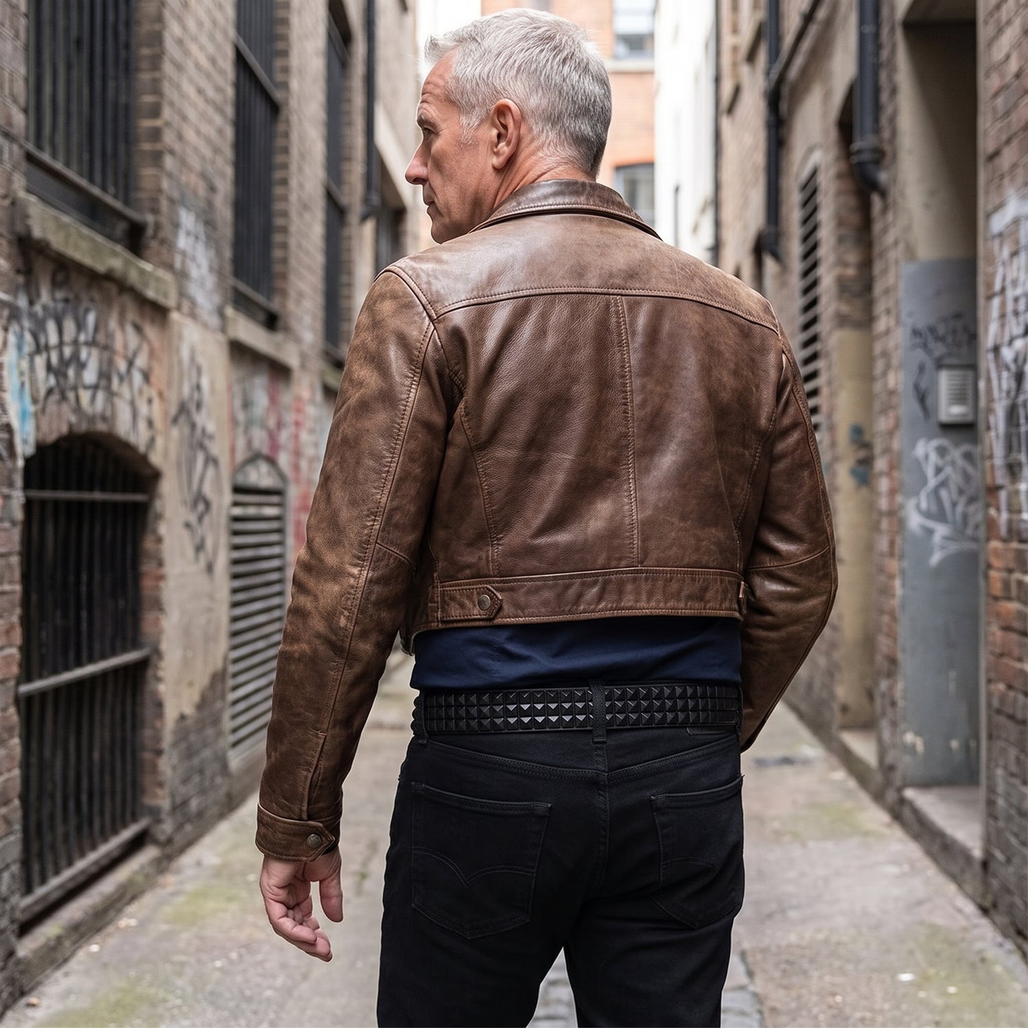 Rear view of a man wearing the black pyramid studded belt with a brown leather jacket