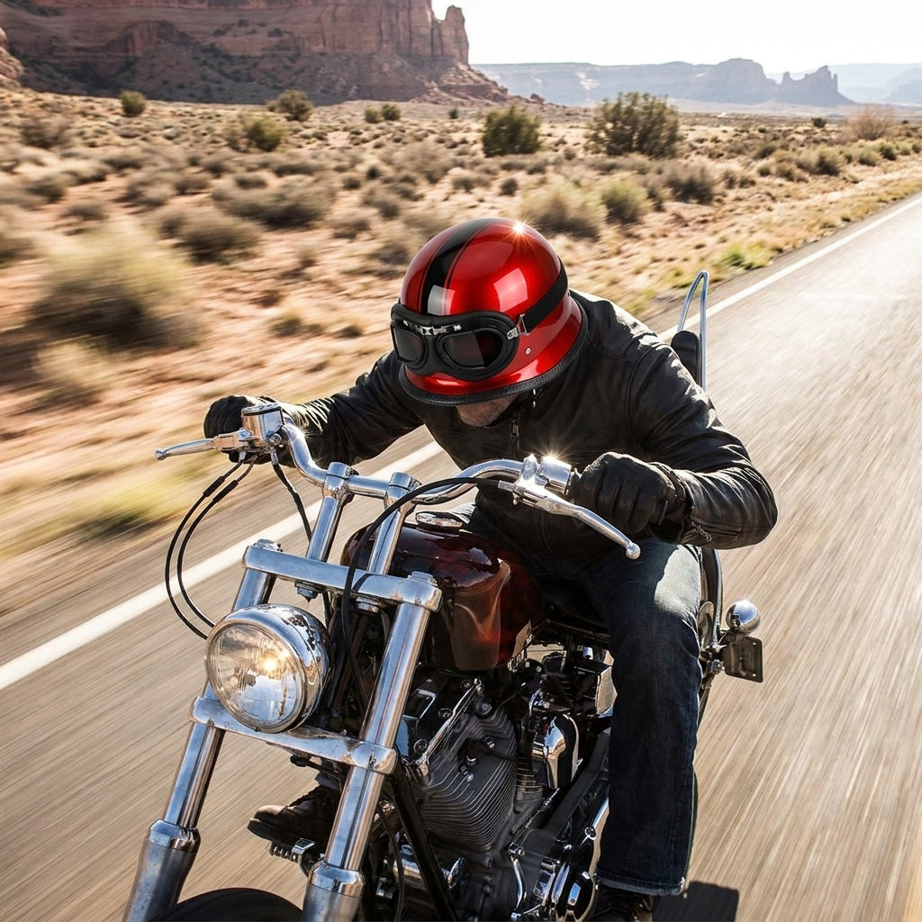 Rider wearing the red German helmet with the goggles down