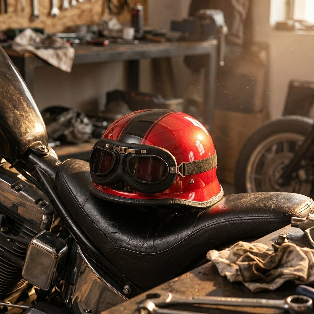 Glossy red German helmet with goggles on a chopper seat