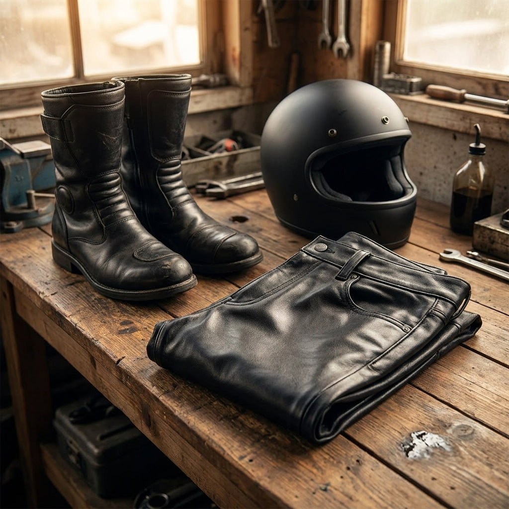 Black leather motorcycle pants folded beside riding boots and a helmet