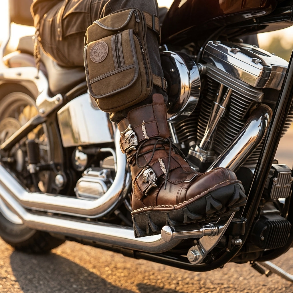 Skull leather biker boot on the footpeg of a chopper