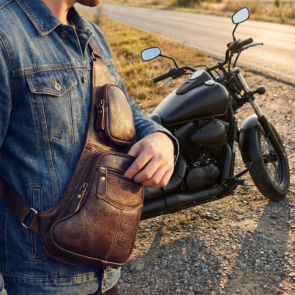 Rider reaching into the leather sling chest bag next to a motorcycle