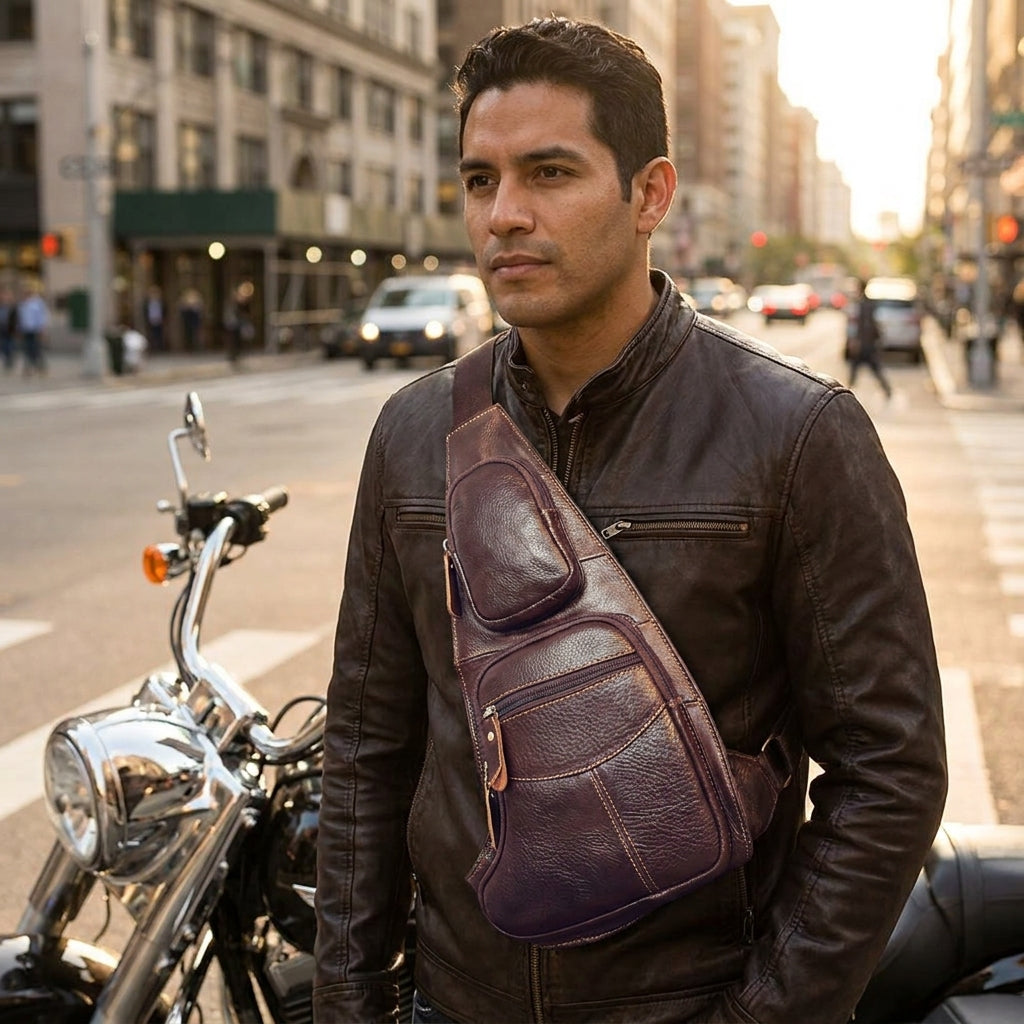 Rider wearing the brown leather sling chest bag beside a cruiser