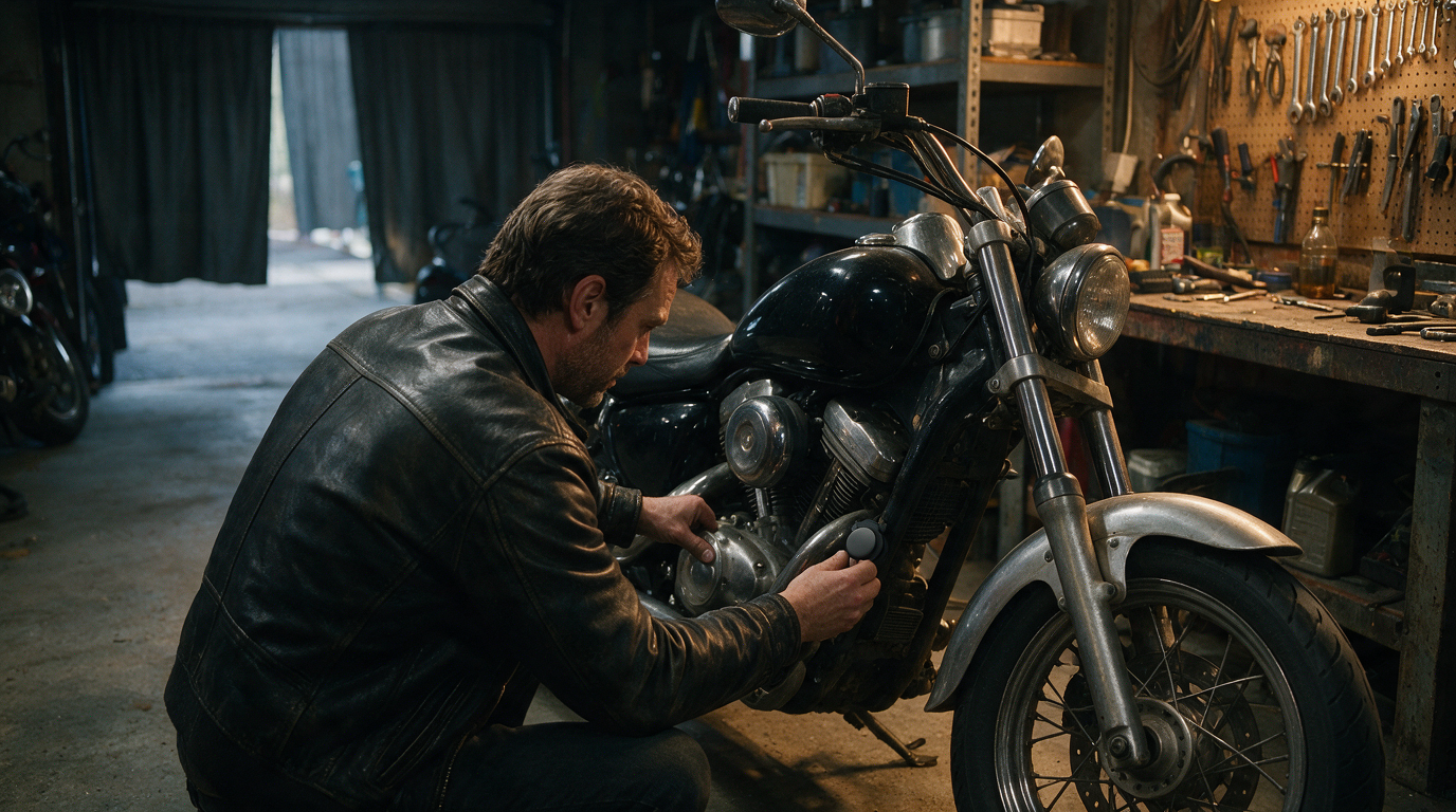 Rider fitting the Stealth tracker to a motorcycle in a home garage