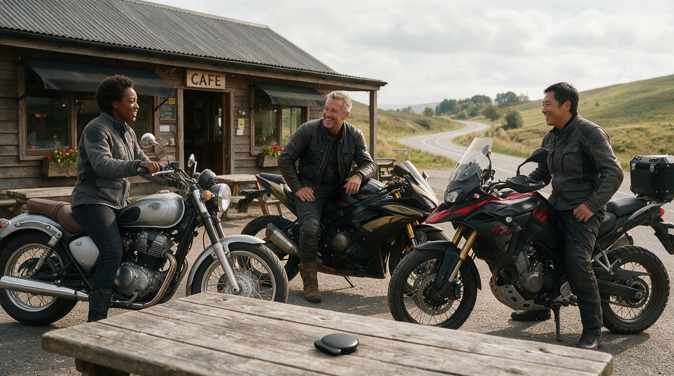 Three riders with their motorcycles outside a roadside cafe