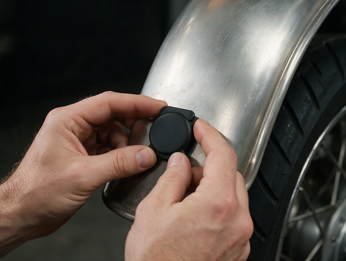 Hands placing the magnetic Stealth tracker against a motorcycle fender
