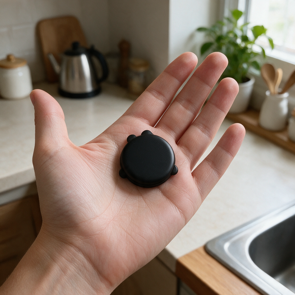 Stealth tracker resting on an open palm to show its size