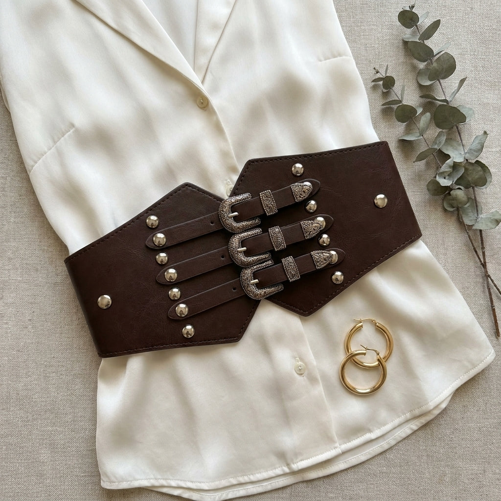 Triple Buckle Studded Corset Belt — flatlay